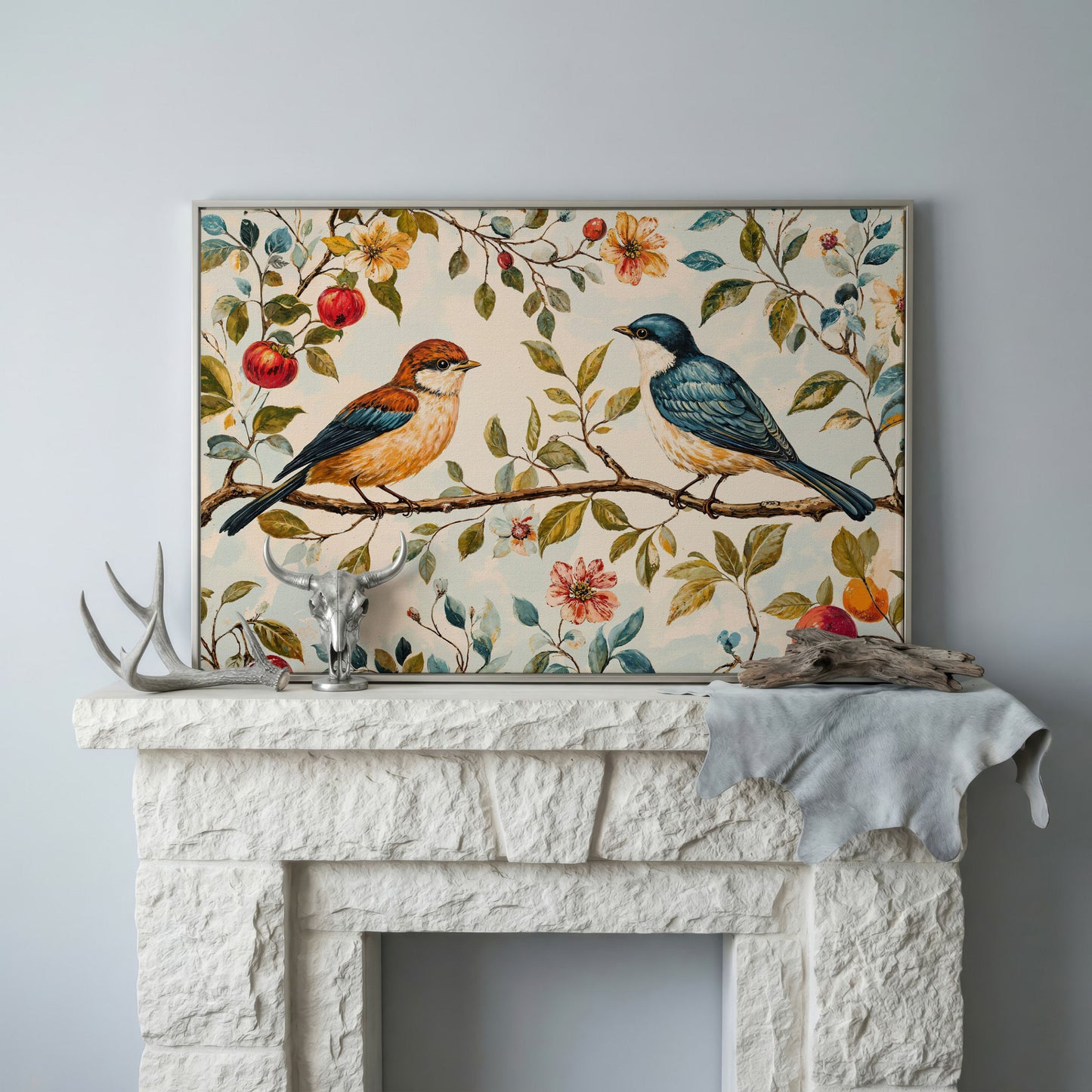 Birds on Flower Branch Canvas Print in Teal and Burnt Orange in silver floating frame