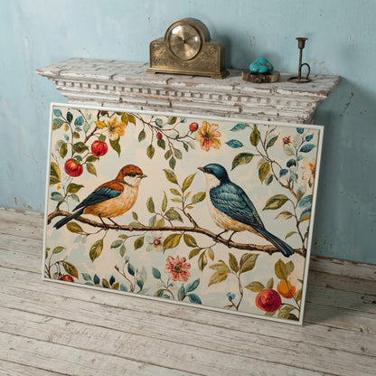 Birds on Flower Branch Canvas Print in Teal and Burnt Orange in white floating frame
