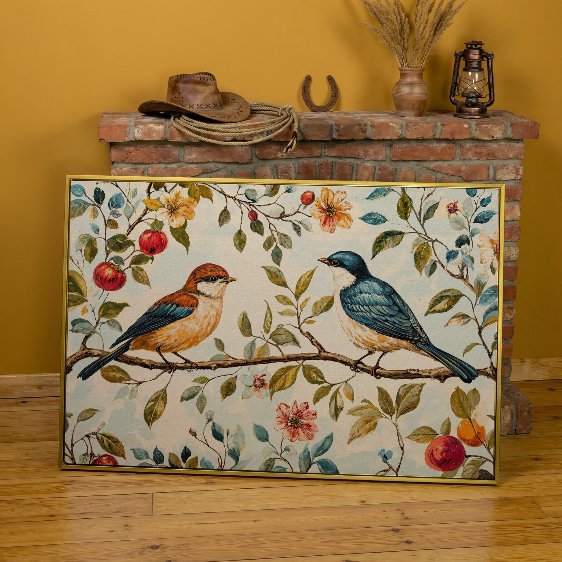 Birds on Flower Branch Canvas Print in Teal and Burnt Orange in yellow gold floating frame