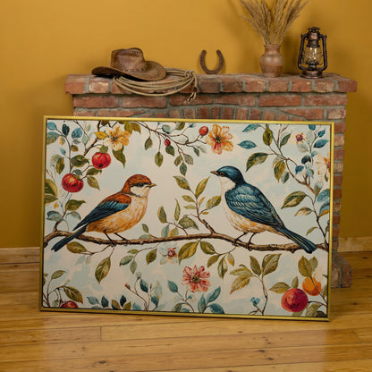 Birds on Flower Branch Canvas Print in Teal and Burnt Orange in yellow gold floating frame