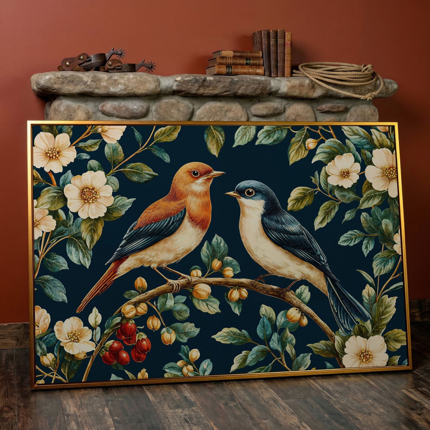 Birds on Floral Branch Canvas Print in antique gold floating frame