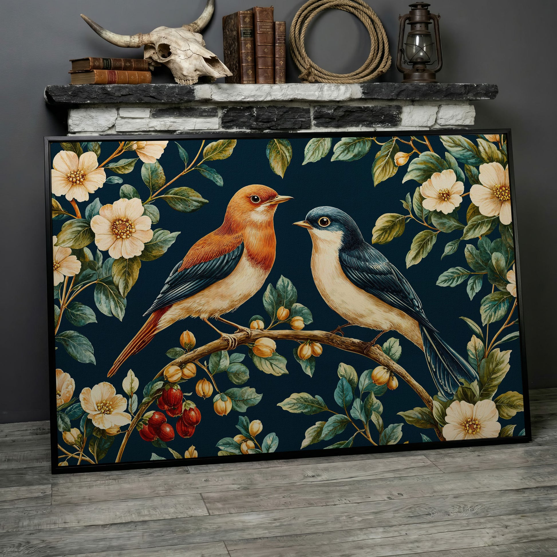 Birds on Floral Branch Canvas Print in black floating frame