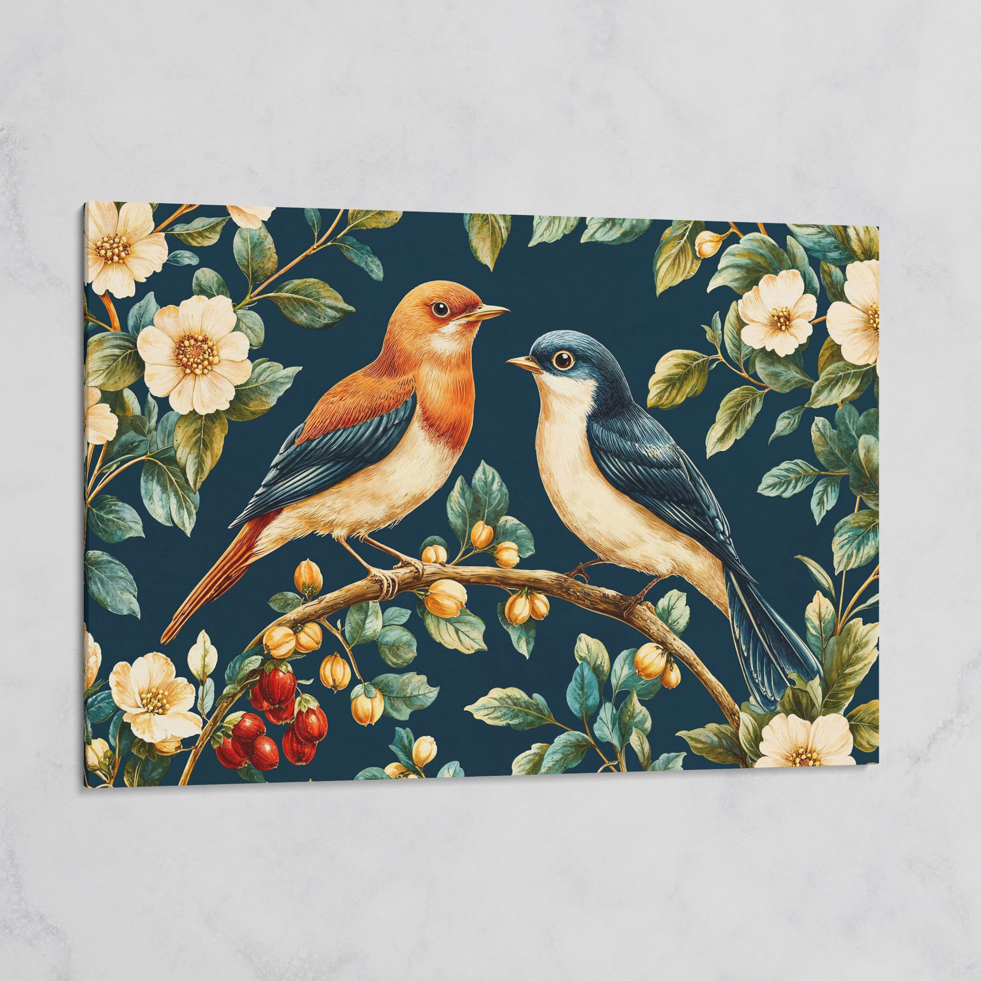 Birds on Floral Branch Canvas Print on gallery wrap