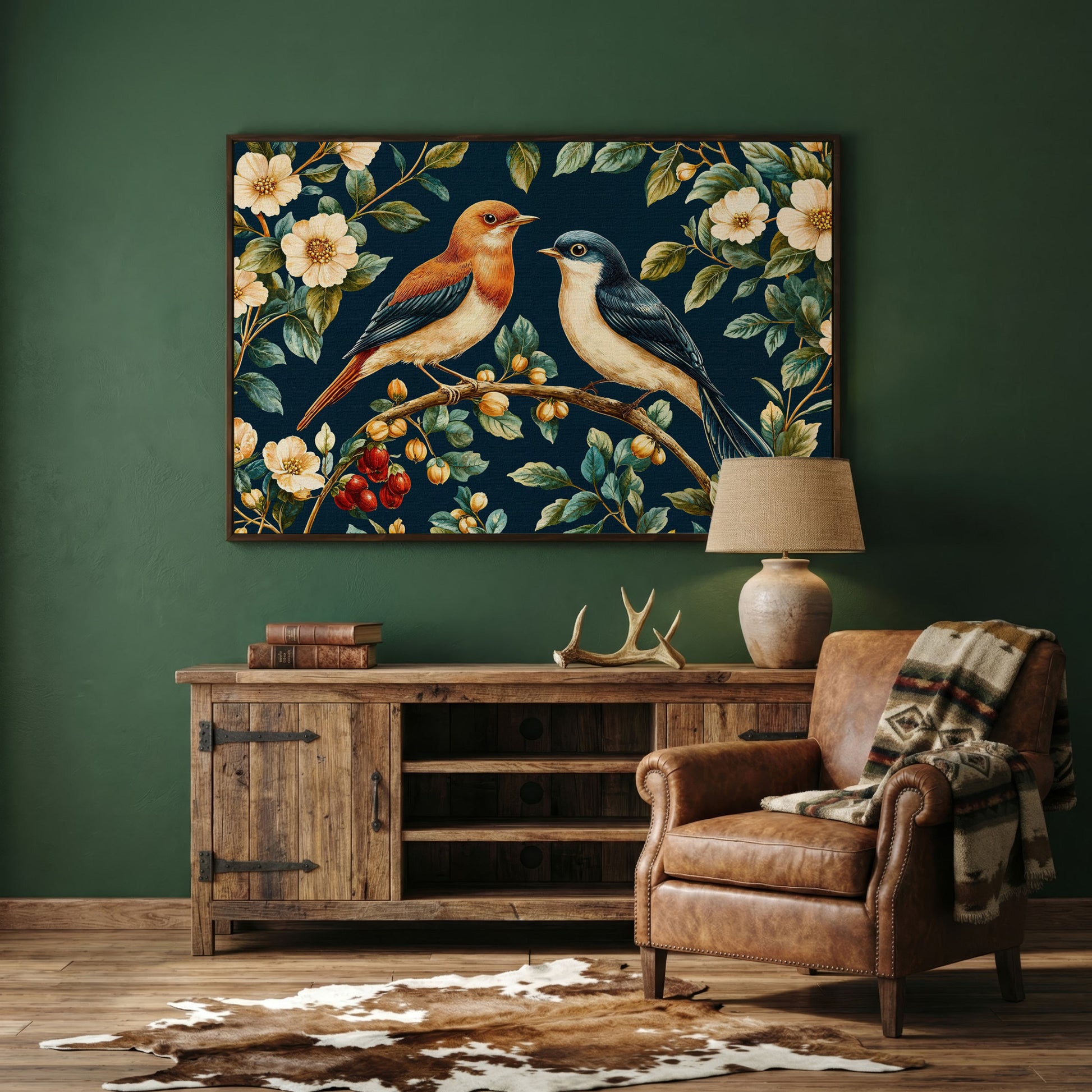 Birds on Floral Branch Canvas Print in dark walnut floating frame