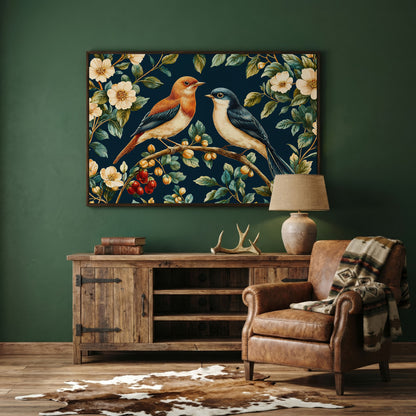 Birds on Floral Branch Canvas Print in dark walnut floating frame