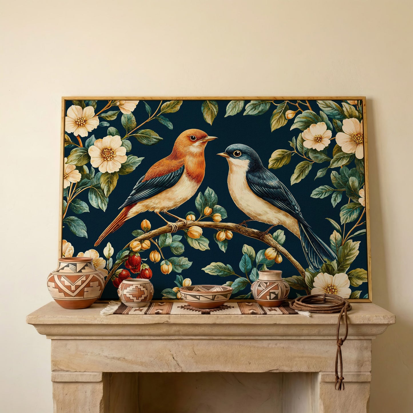 Birds on Floral Branch Canvas Print in white oak floating frame
