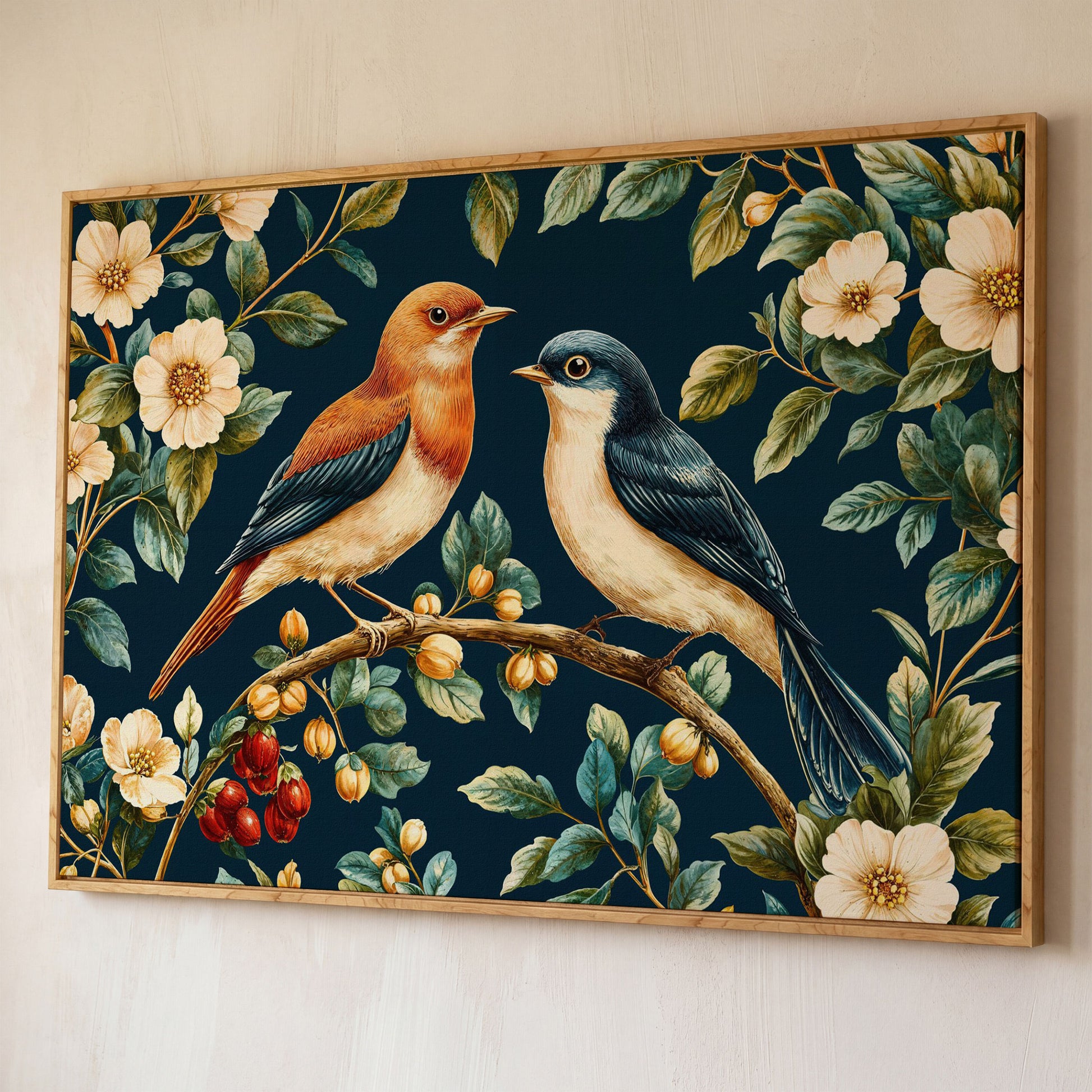 Birds on Floral Branch Canvas Print shown in white oak floating frame