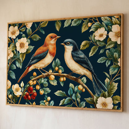 Birds on Floral Branch Canvas Print shown in white oak floating frame