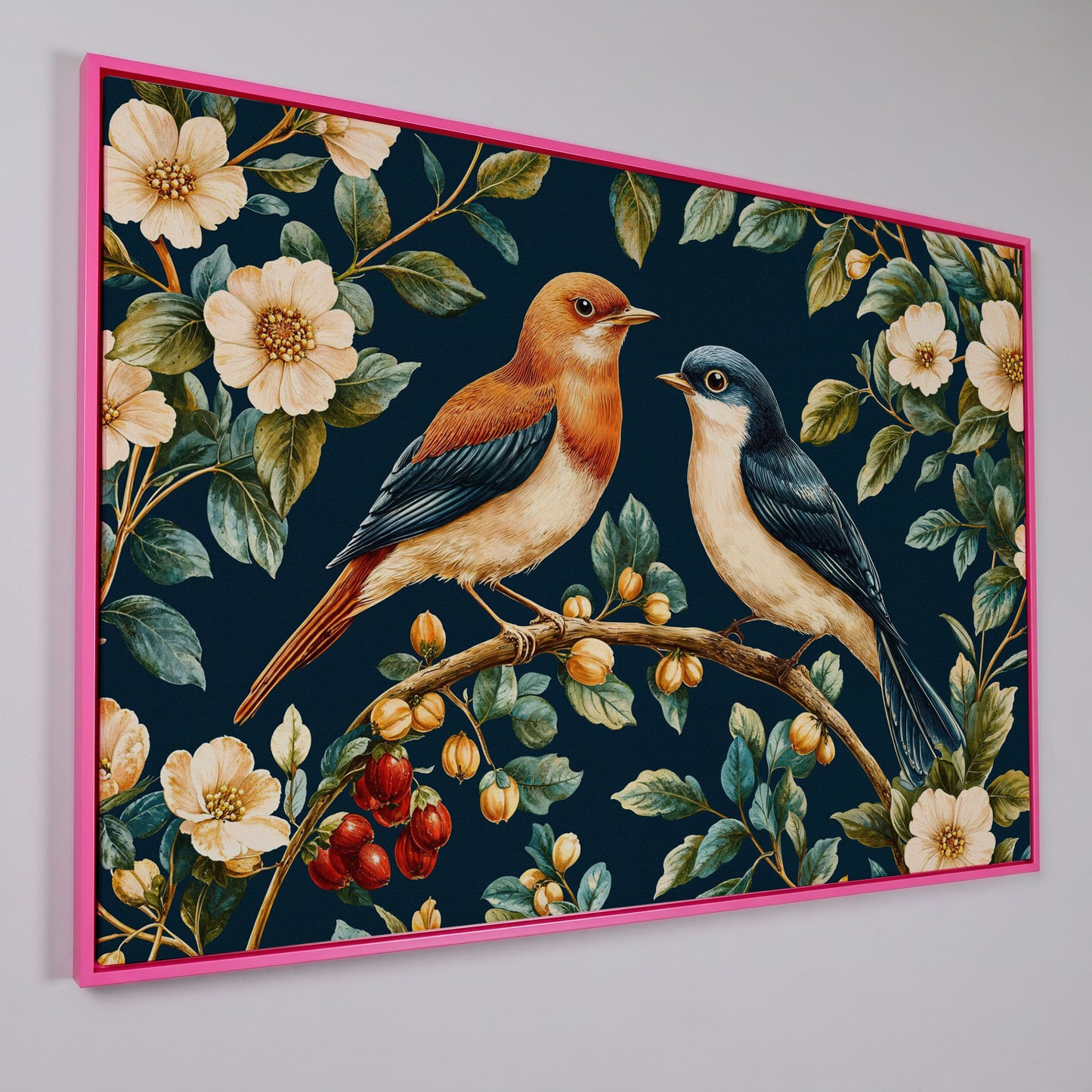 Birds on Floral Branch Canvas Print in pink floating frame