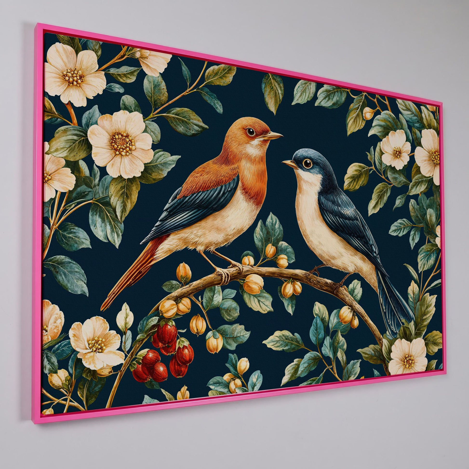 Birds on Floral Branch Canvas Print in pink floating frame