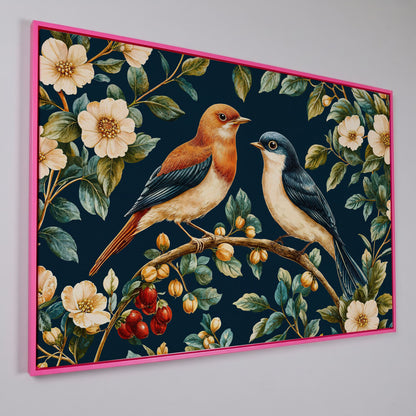 Birds on Floral Branch Canvas Print in pink floating frame