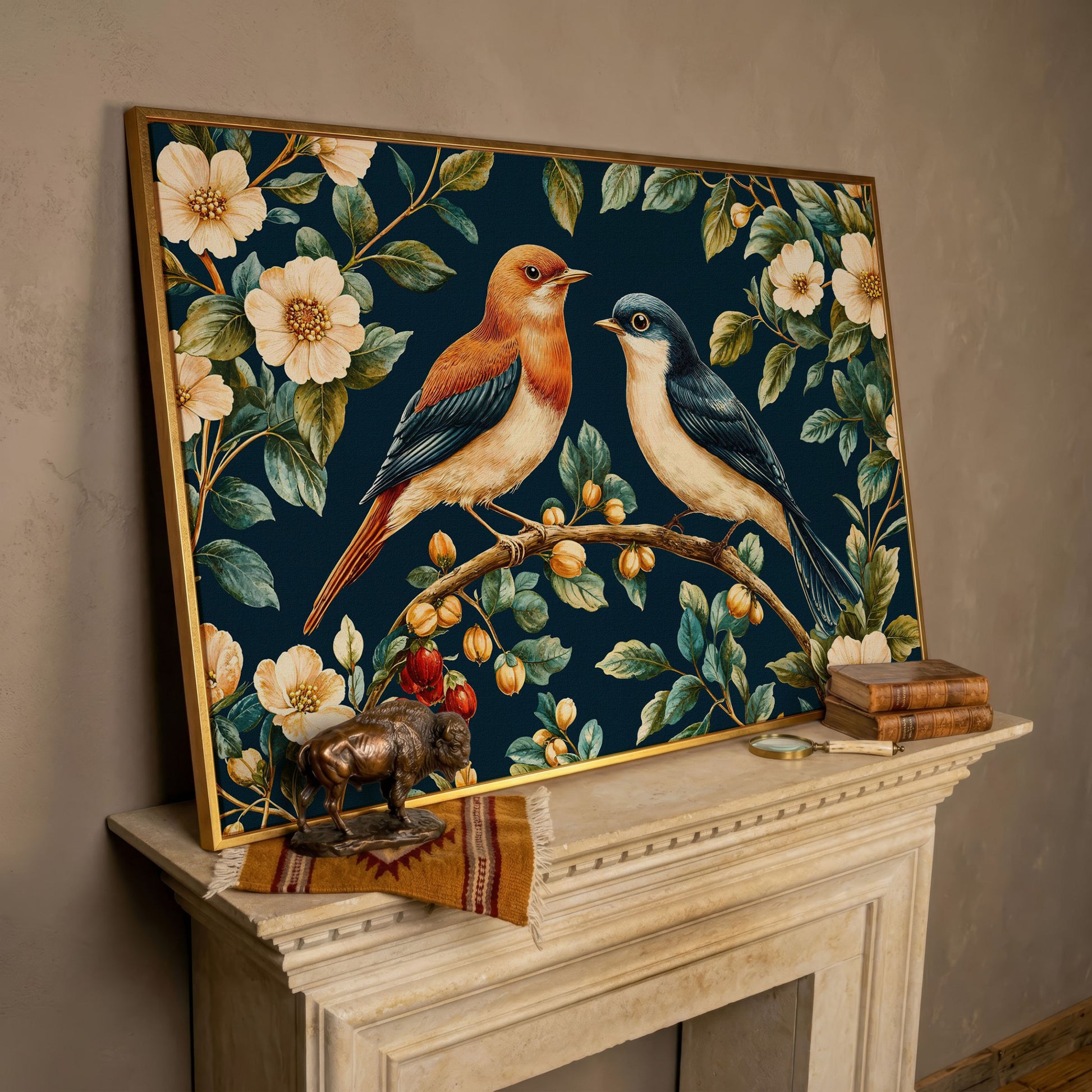 Birds on Floral Branch Canvas Print in rose gold floating frame