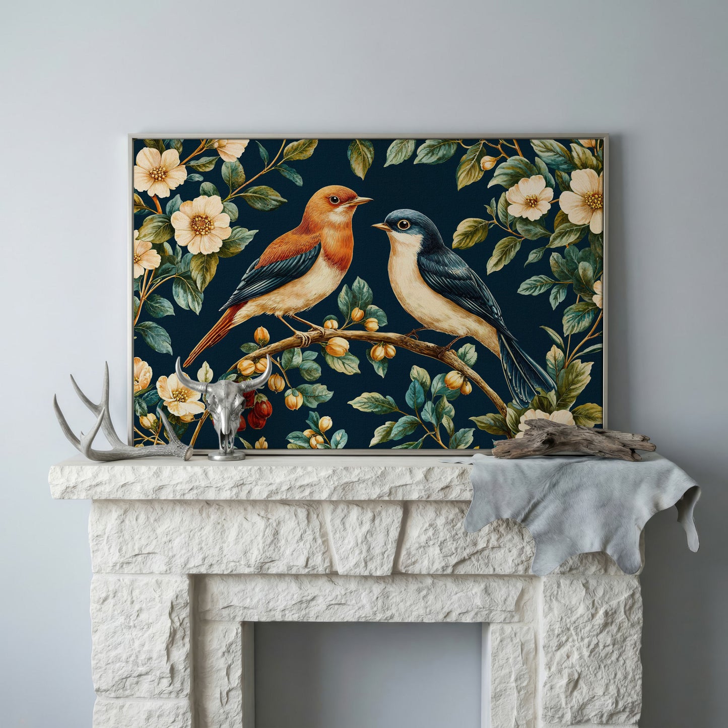 Birds on Floral Branch Canvas Print in silver floating frame