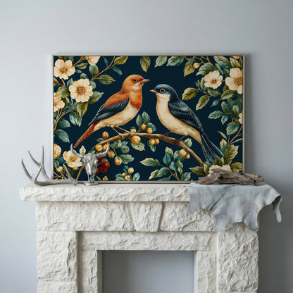 Birds on Floral Branch Canvas Print in silver floating frame
