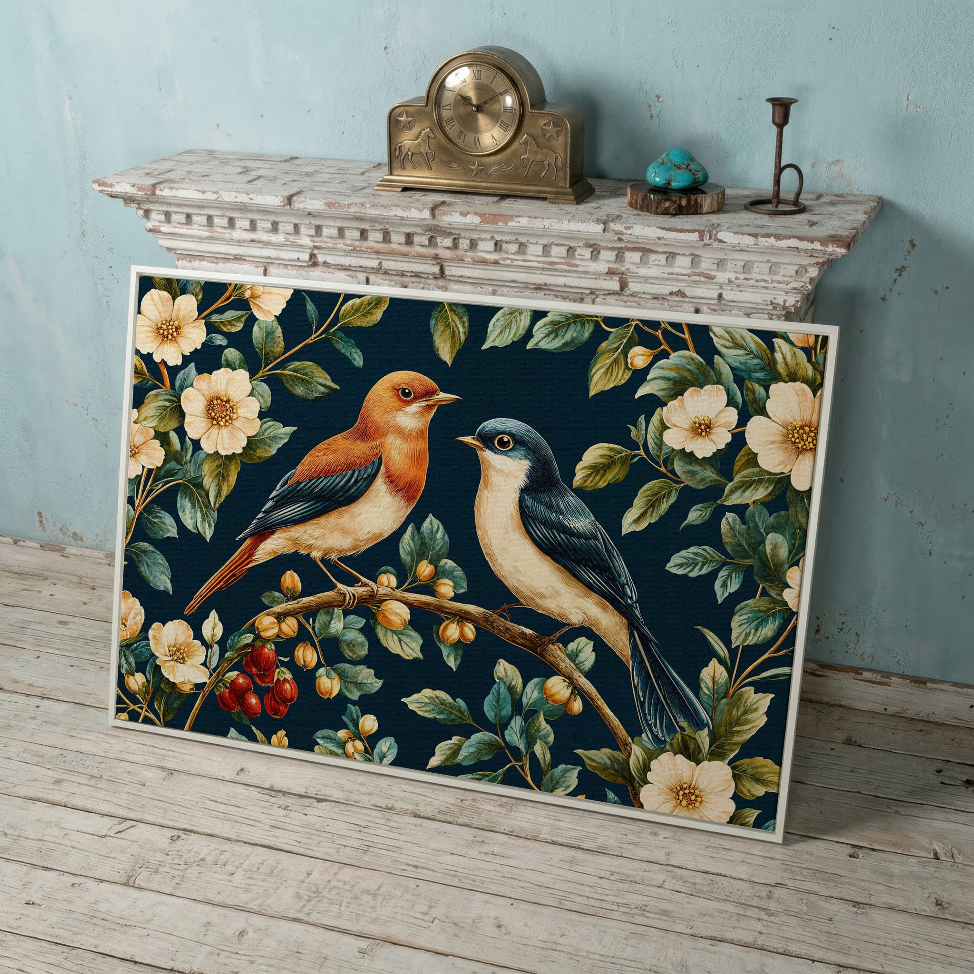 Birds on Floral Branch Canvas Print in white floating frame