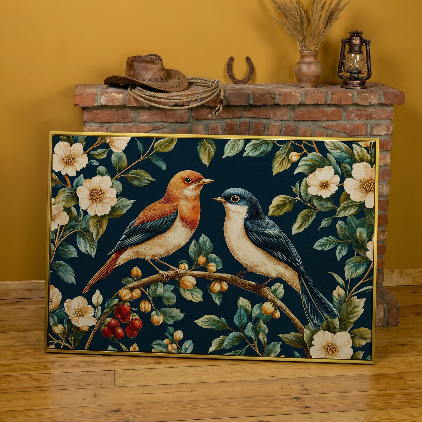 Birds on Floral Branch Canvas Print in yellow gold floating frame