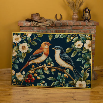 Birds on Floral Branch Canvas Print in yellow gold floating frame