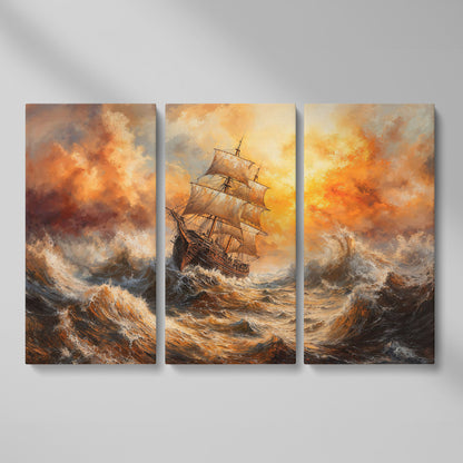 Stormy Sea Sailing Ship Canvas Wall Art, Dramatic Seascape Print as 3-panel split version