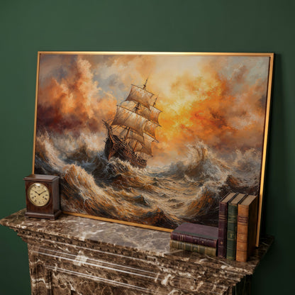 Stormy Sea Sailing Ship Canvas Wall Art, Dramatic Seascape Print in antique gold floating frame