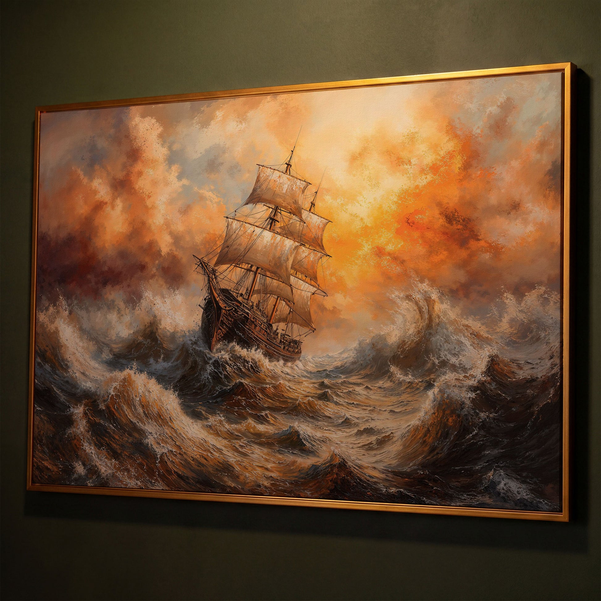 Stormy Sea Sailing Ship Canvas Wall Art, Dramatic Seascape Print shown in antique gold floating frame
