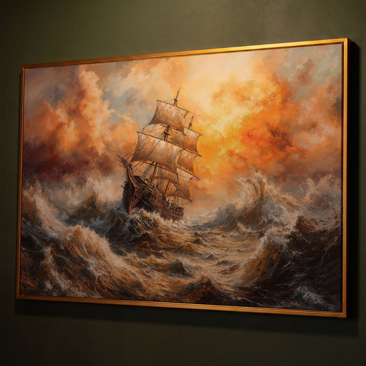Stormy Sea Sailing Ship Canvas Wall Art, Dramatic Seascape Print shown in antique gold floating frame