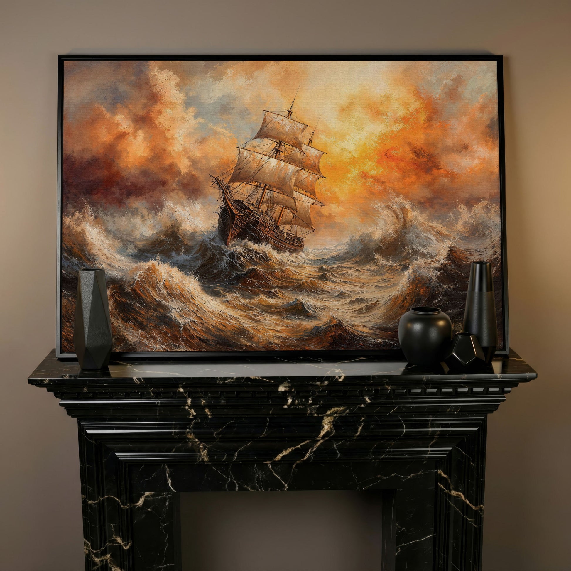 Stormy Sea Sailing Ship Canvas Wall Art, Dramatic Seascape Print in black floating frame