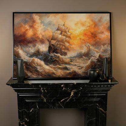 Stormy Sea Sailing Ship Canvas Wall Art, Dramatic Seascape Print in black floating frame