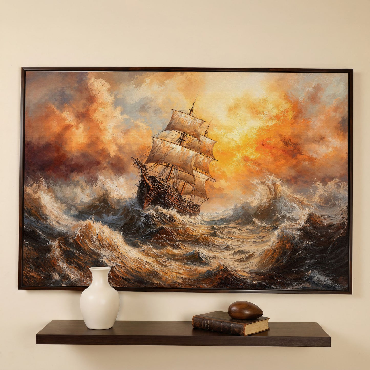 Stormy Sea Sailing Ship Canvas Wall Art, Dramatic Seascape Print in dark walnut floating frame
