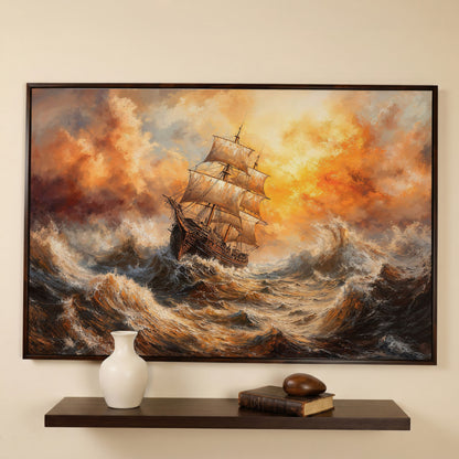 Stormy Sea Sailing Ship Canvas Wall Art, Dramatic Seascape Print in dark walnut floating frame