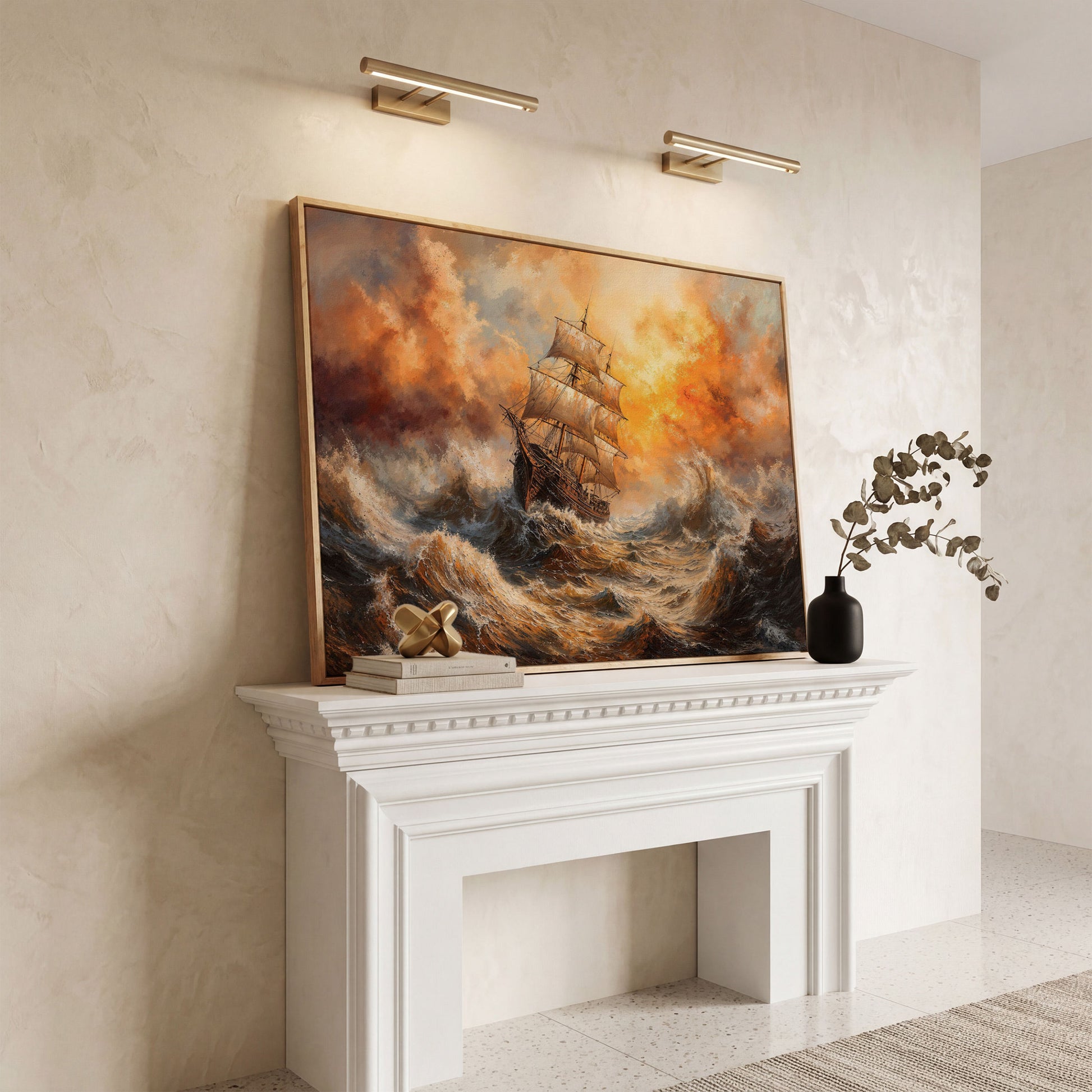 Stormy Sea Sailing Ship Canvas Wall Art, Dramatic Seascape Print in white oak floating frame