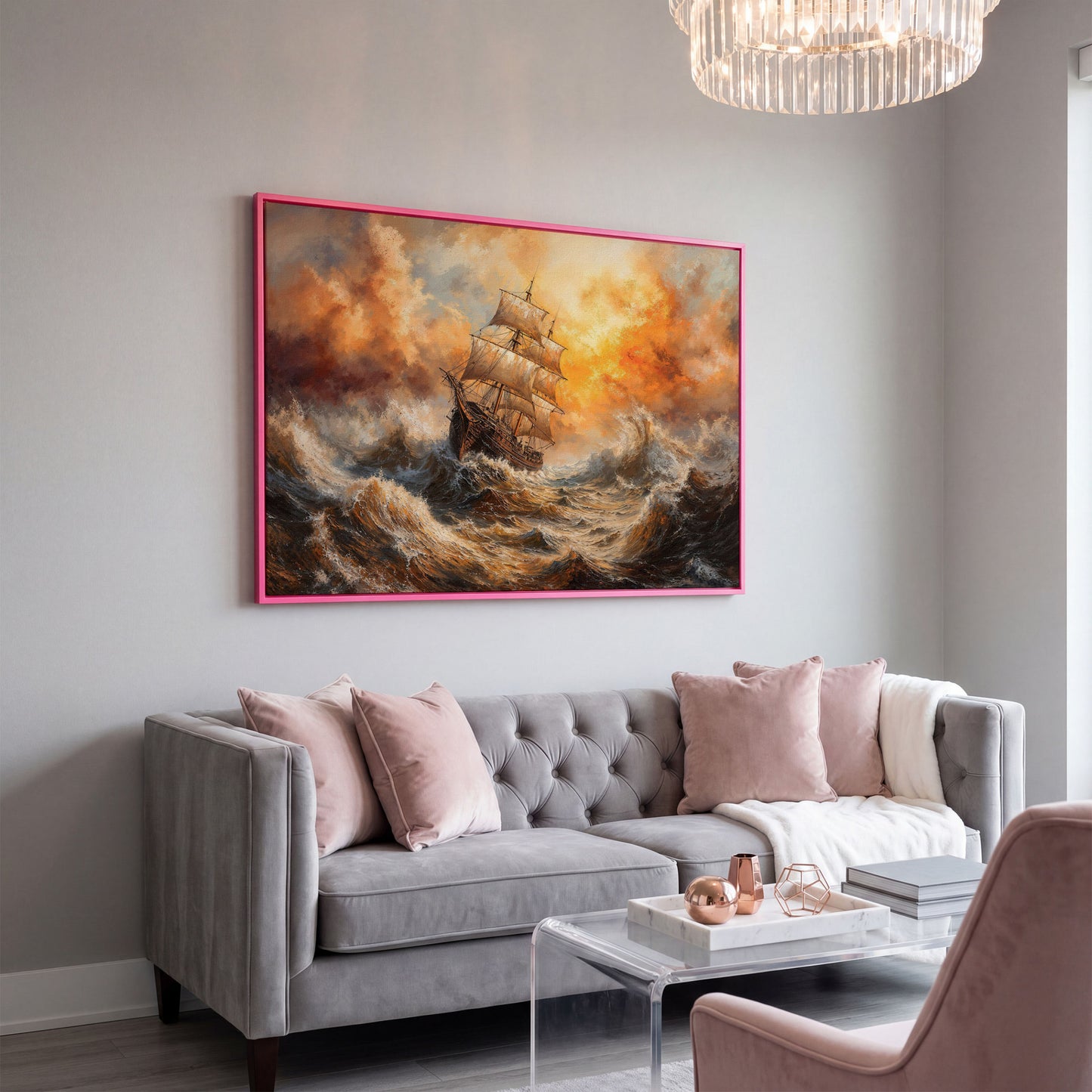 Stormy Sea Sailing Ship Canvas Wall Art, Dramatic Seascape Print in pink floating frame