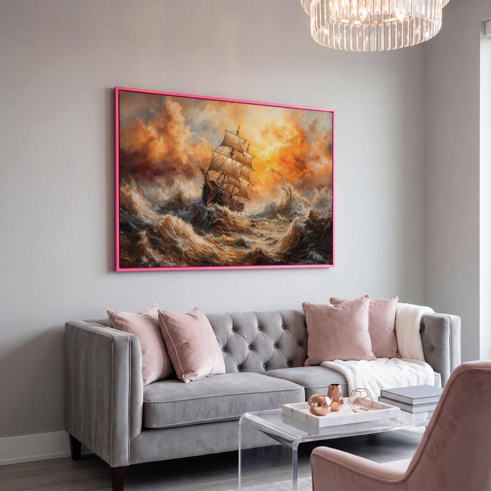 Stormy Sea Sailing Ship Canvas Wall Art, Dramatic Seascape Print in pink floating frame