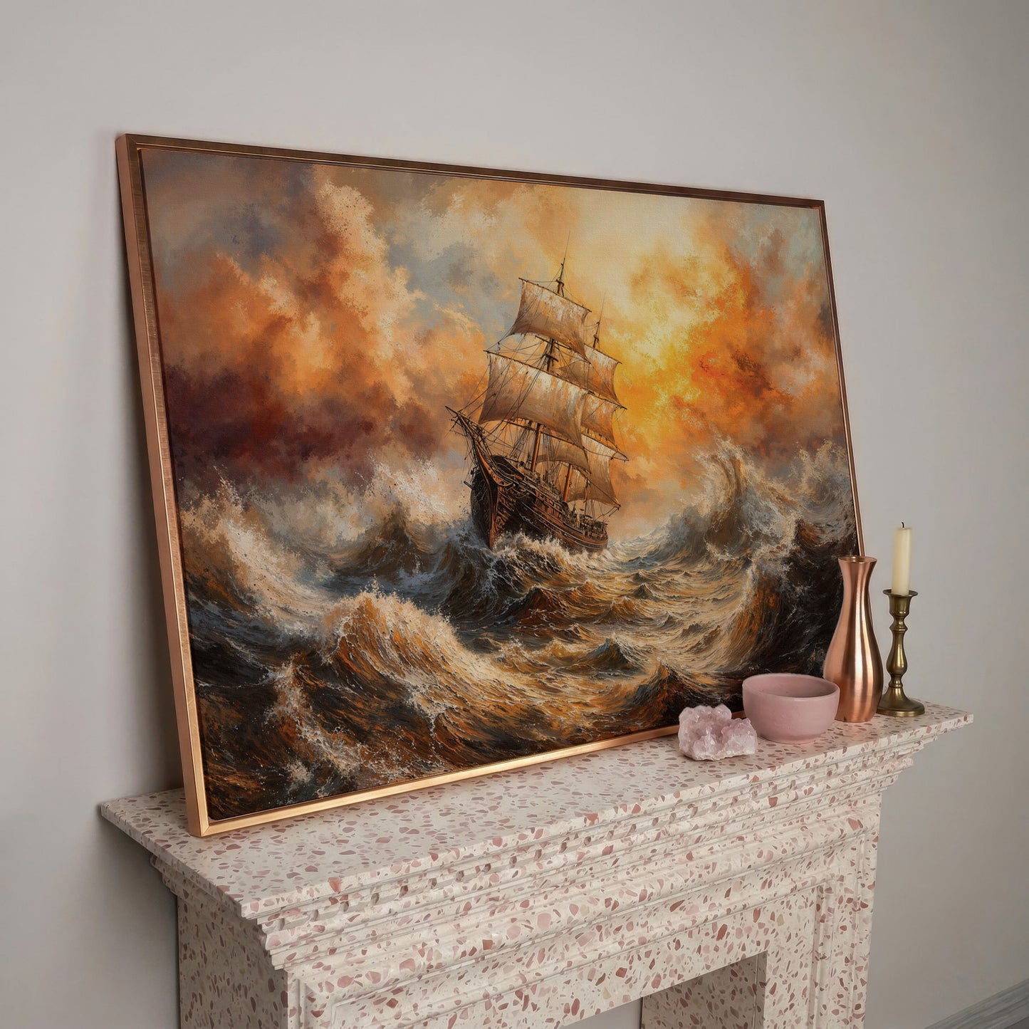 Stormy Sea Sailing Ship Canvas Wall Art, Dramatic Seascape Print in rose gold floating frame
