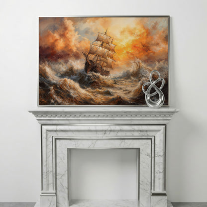Stormy Sea Sailing Ship Canvas Wall Art, Dramatic Seascape Print in silver floating frame