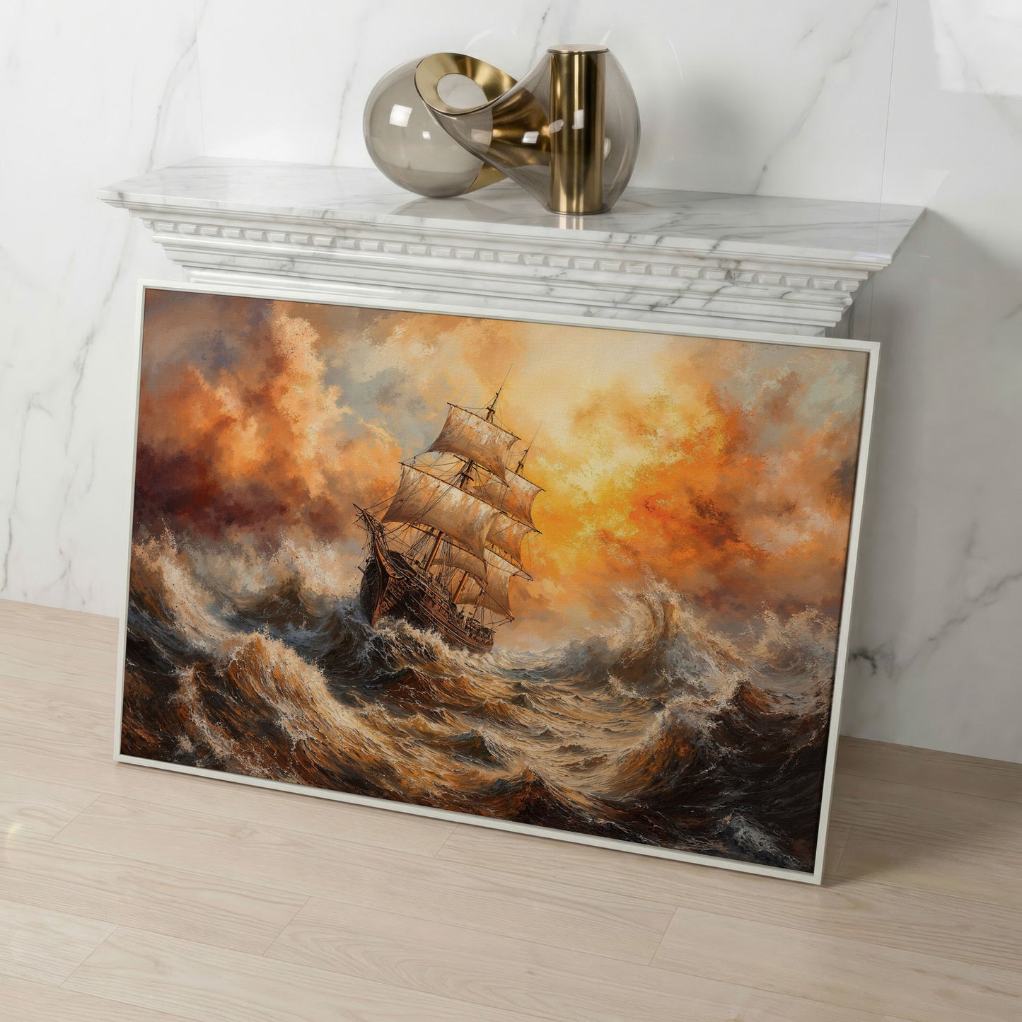 Stormy Sea Sailing Ship Canvas Wall Art, Dramatic Seascape Print in white floating frame