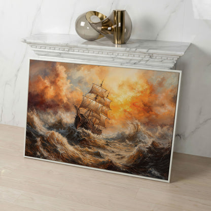 Stormy Sea Sailing Ship Canvas Wall Art, Dramatic Seascape Print in white floating frame