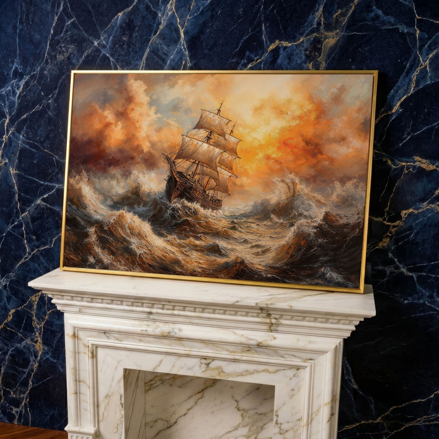 Stormy Sea Sailing Ship Canvas Wall Art, Dramatic Seascape Print in yellow gold floating frame