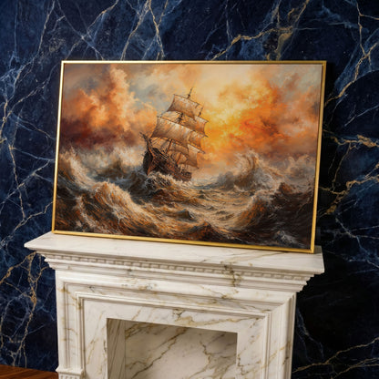 Stormy Sea Sailing Ship Canvas Wall Art, Dramatic Seascape Print in yellow gold floating frame