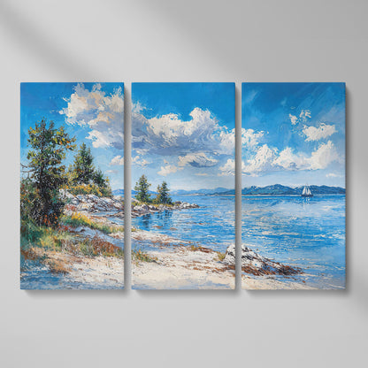 Minimalist Sailboat Seascape Canvas as 3-panel split version