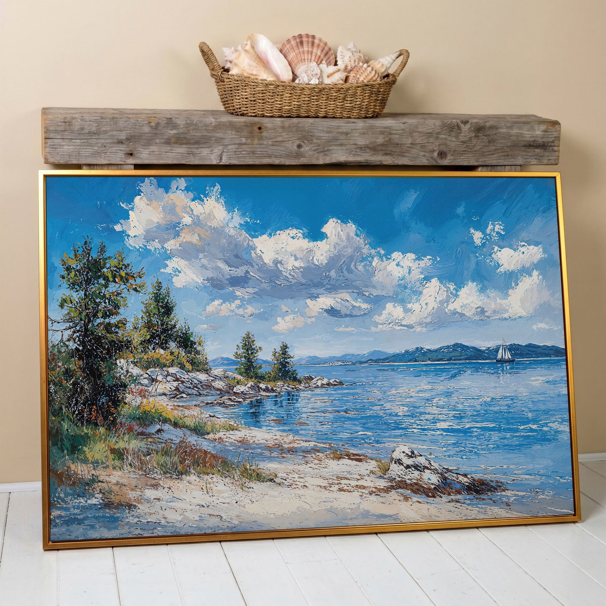 Minimalist Sailboat Seascape Canvas in antique gold floating frame