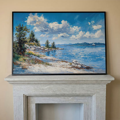 Minimalist Sailboat Seascape Canvas in black floating frame