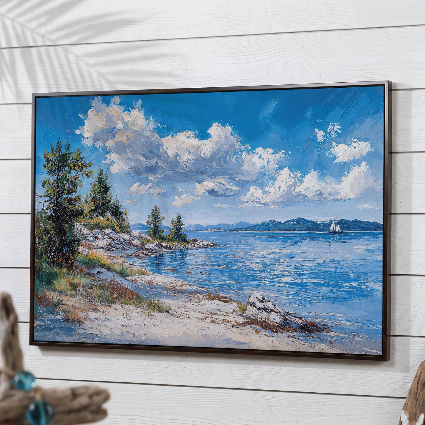 Minimalist Sailboat Seascape Canvas in dark walnut floating frame