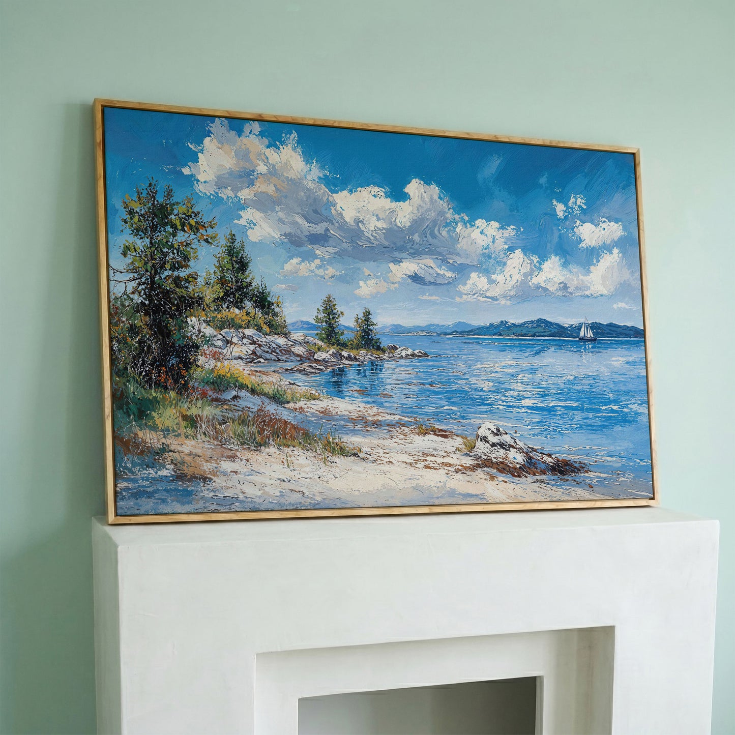 Minimalist Sailboat Seascape Canvas in white oak floating frame