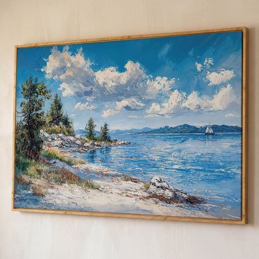 Minimalist Sailboat Seascape Canvas shown in white oak floating frame