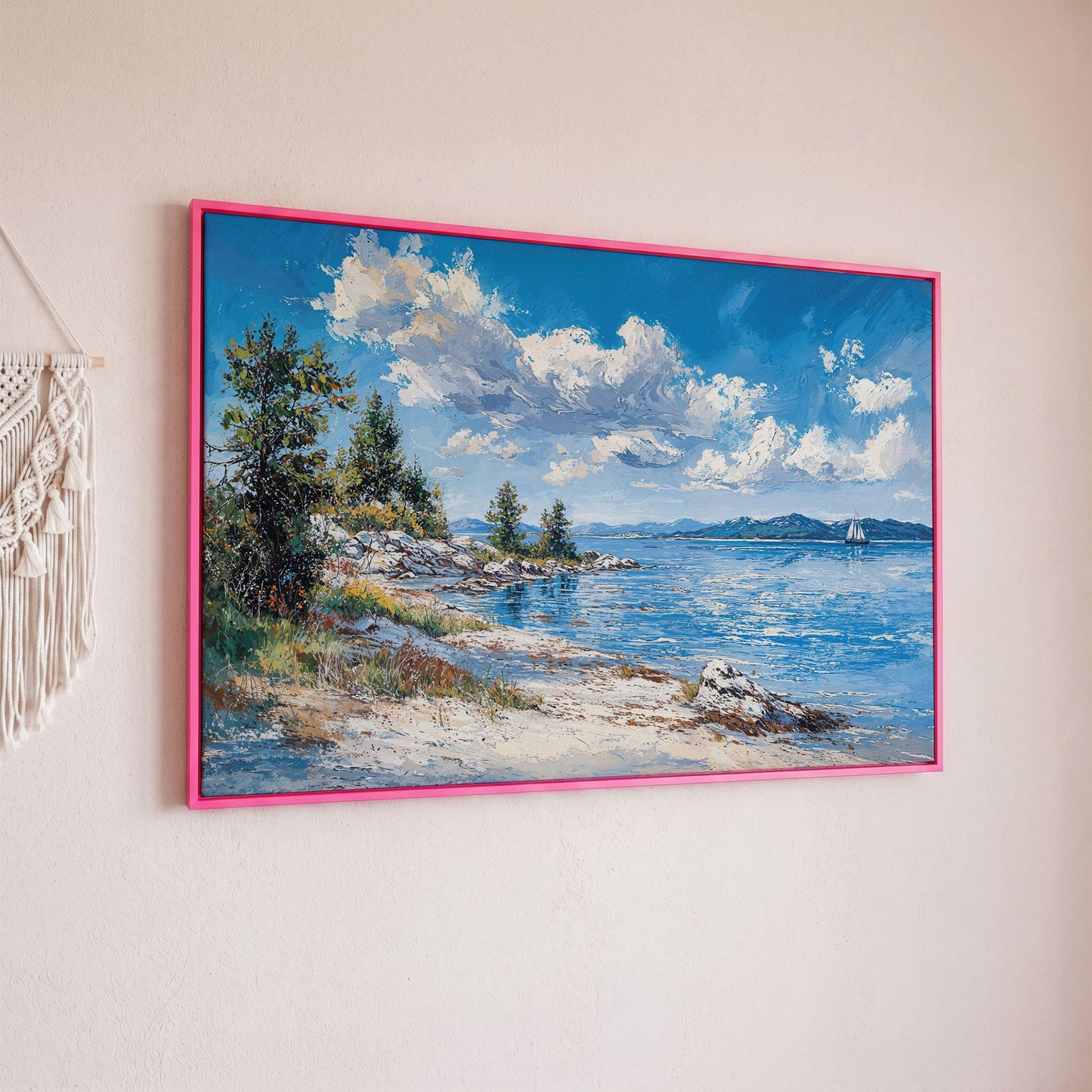 Minimalist Sailboat Seascape Canvas in pink floating frame