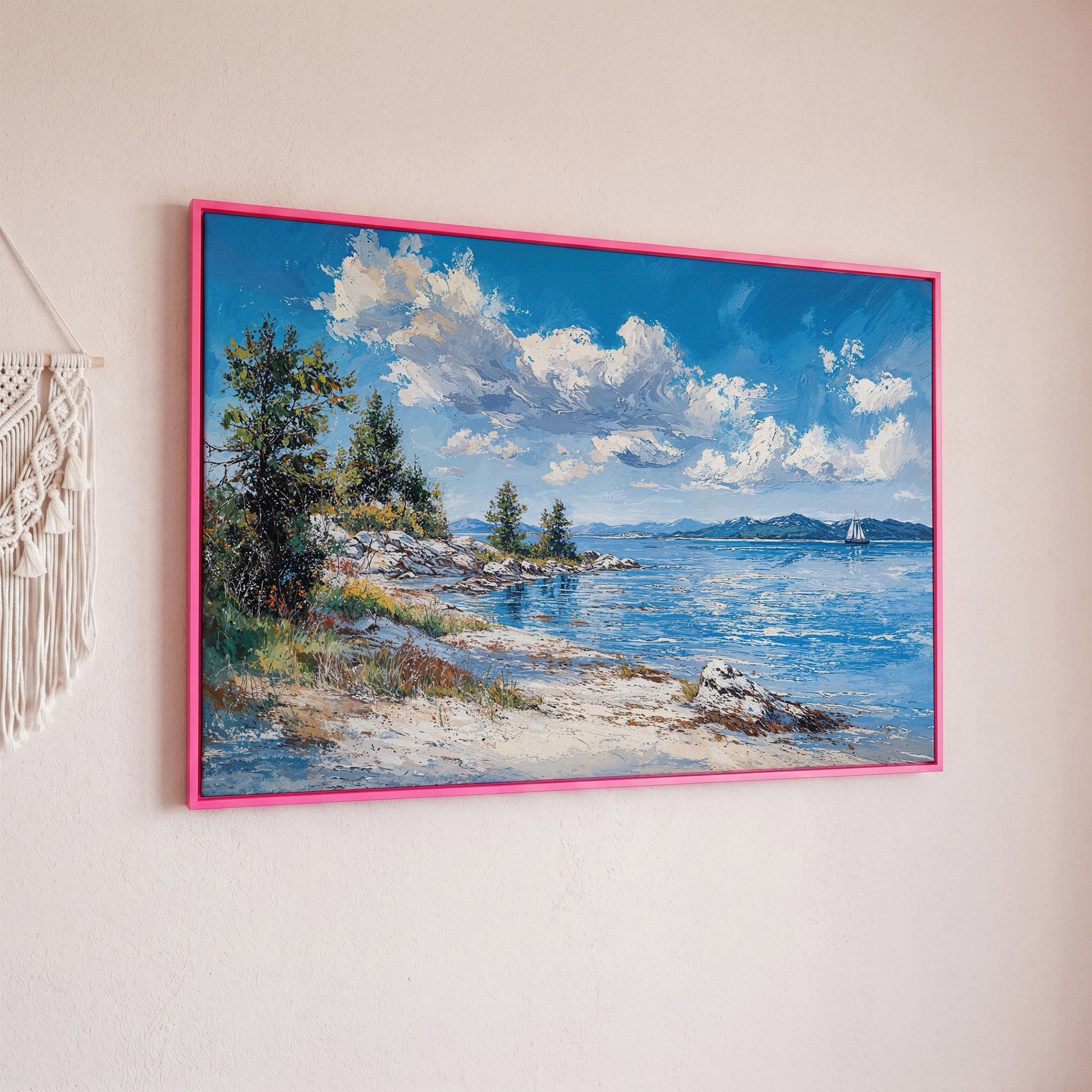 Minimalist Sailboat Seascape Canvas in pink floating frame
