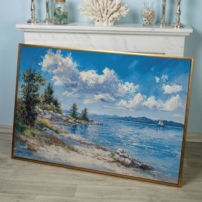 Minimalist Sailboat Seascape Canvas in rose gold floating frame