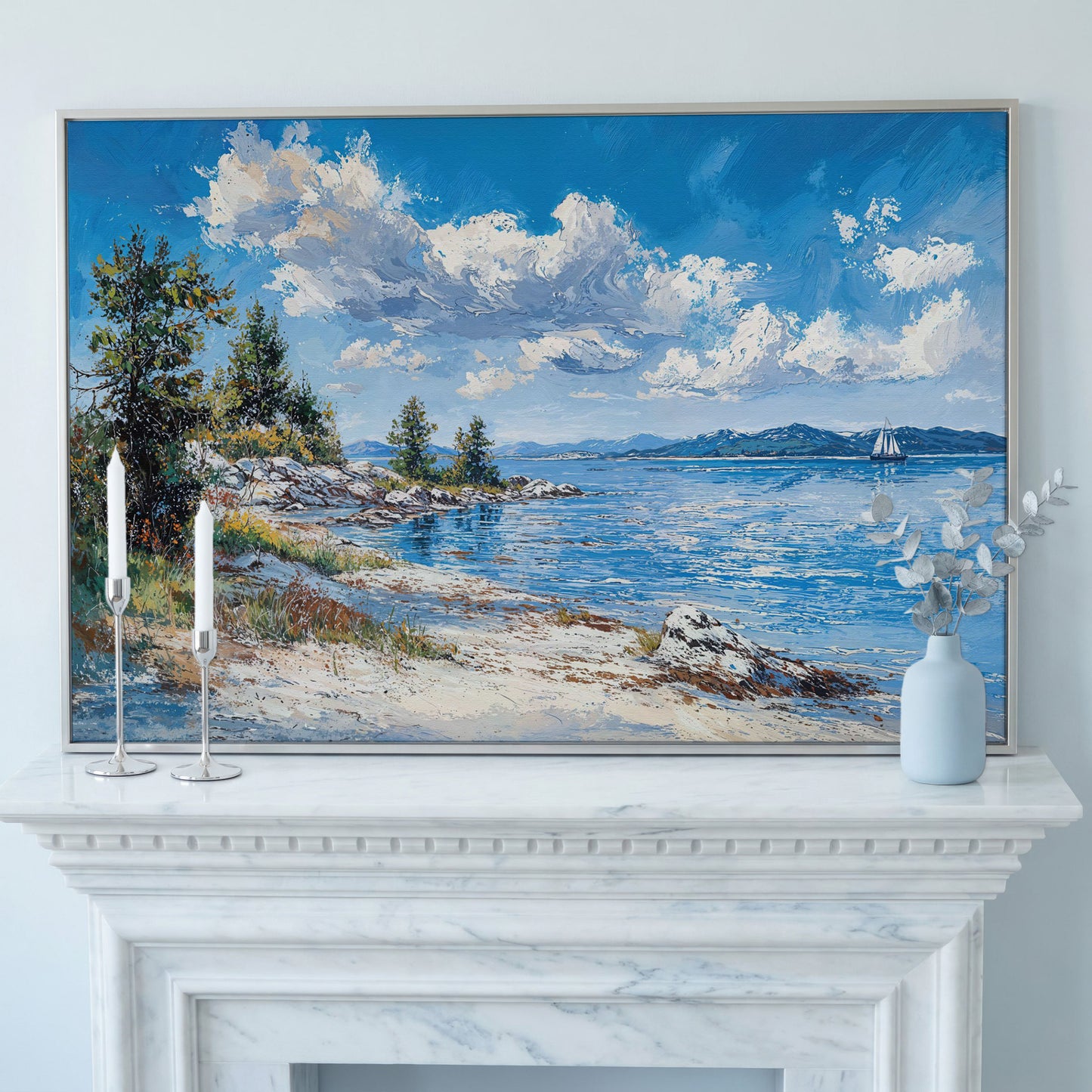 Minimalist Sailboat Seascape Canvas in silver floating frame