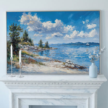 Minimalist Sailboat Seascape Canvas in silver floating frame