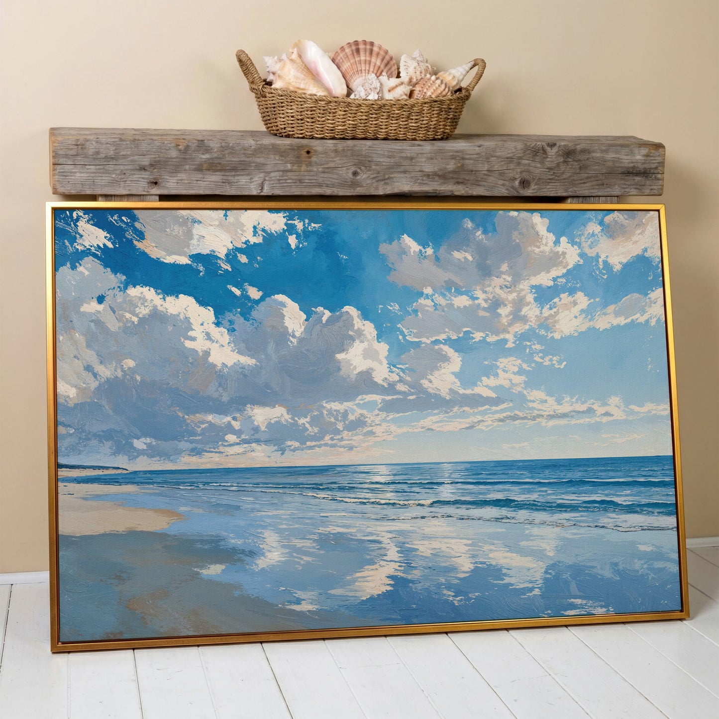 Minimalist Beach Landscape Canvas in antique gold floating frame